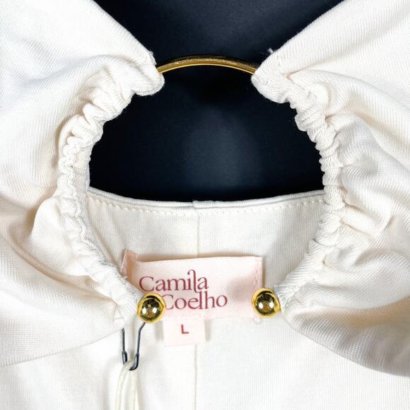 Camila Coelho Yasmeen Midi Dress Cream Jersey Metallic Rings Ruched Sz L - Picture 8 of 10